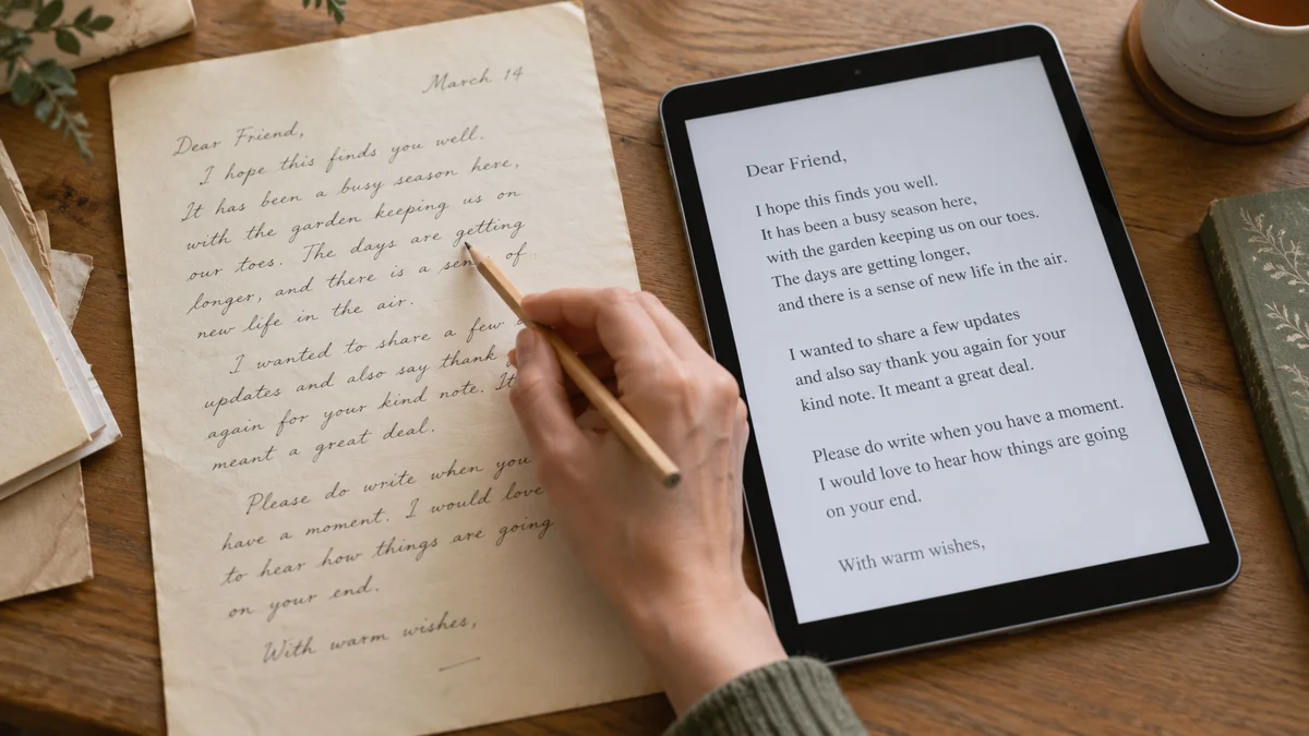 Ein handschriftlicher Brief und eine digitale Abschrift liegen zum zeilenweisen Vergleichen nebeneinander.